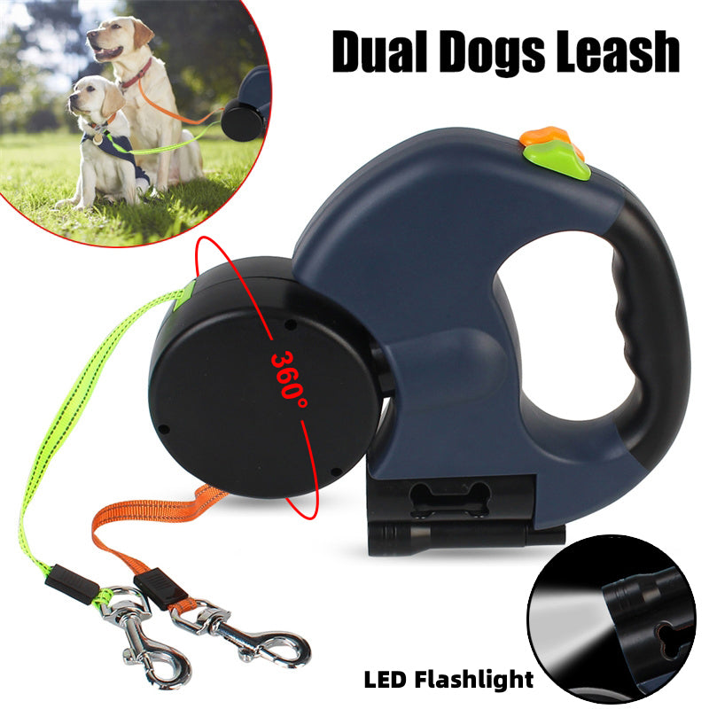 Furry Joy Dual Retractable Dog Leash with LED Light – 360° No-Tangle for Two Dogs